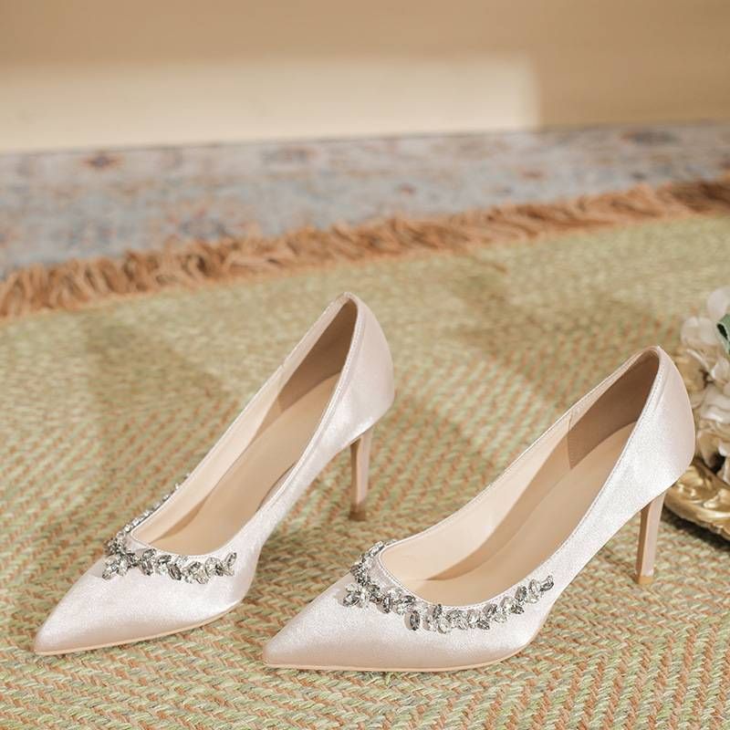 Women's Shoes Wedding Party Champagne Pointed Rhinestone Edging High Heels Women's Stiletto Sexy Beautiful Shallow Mouth Single Shoes_vogvips.com