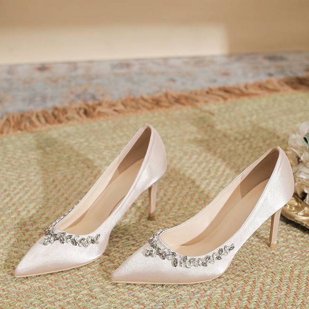 Women's Shoes Wedding Party Champagne Pointed Rhinestone Edging High Heels Women's Stiletto Sexy Beautiful Shallow Mouth Single Shoes_vogvips.com