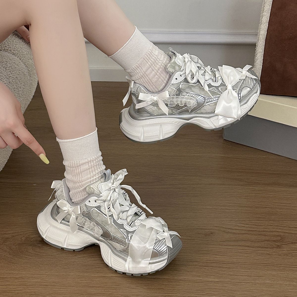 Women's Parisian Bow Platform Chunky Shoes Mesh Breathable Low Top Casual Sports Summer New Style 2026_vogvips.com