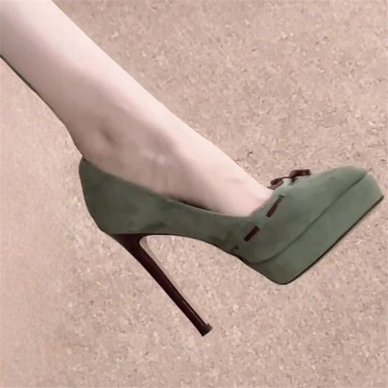 Women's Pointed-Toe Stiletto Heels – Elegant Bow Detail High Heel Pumps With Platform In Dark Green Bow Knot Low Cut Single Shoes Mary Jane Shoes._vogvips.com