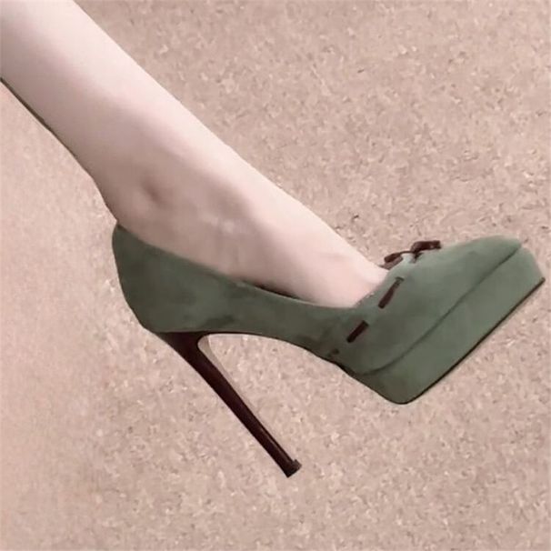 Women's Pointed-Toe Stiletto Heels – Elegant Bow Detail High Heel Pumps With Platform In Dark Green Bow Knot Low Cut Single Shoes Mary Jane Shoes._vogvips.com