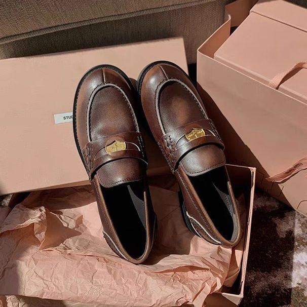 Cowhide Version Genuine Gold Coin Heel Thick Bottom Small Leather Shoes Loafers For Women_vogvips.com