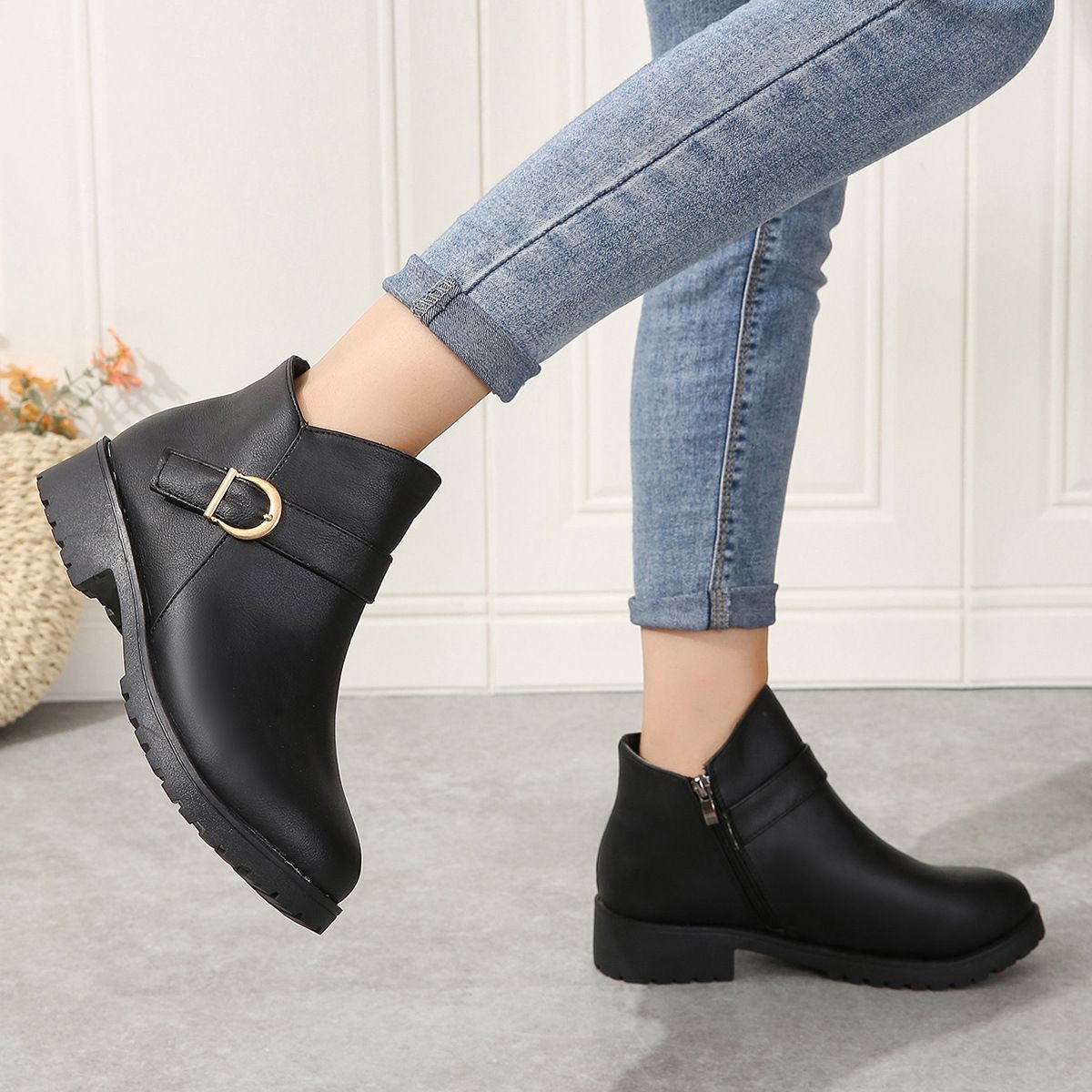 Autumn Winter New Plus Size Women's Round Toe Side Zipper Chunky Heel Ankle Fashion Boots Style_vogvips.com
