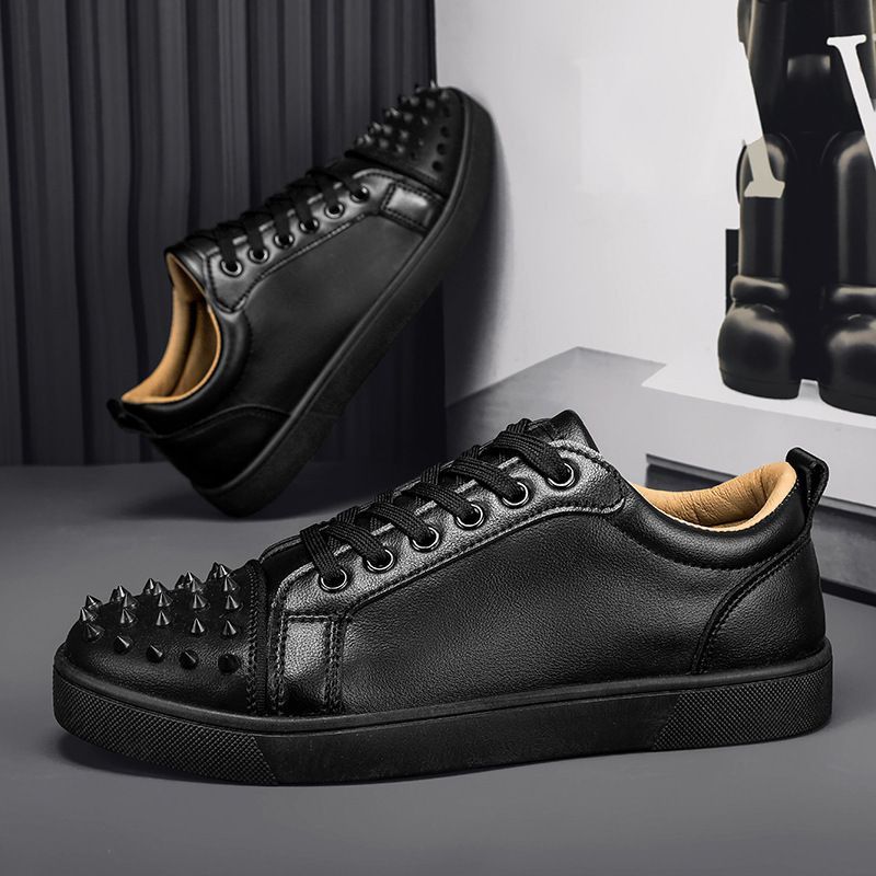 European Style Men's CL Black Red Sole Studded Casual Simple Social Youth Sneakers Fashion Trend Leather Shoes_vogvips.com