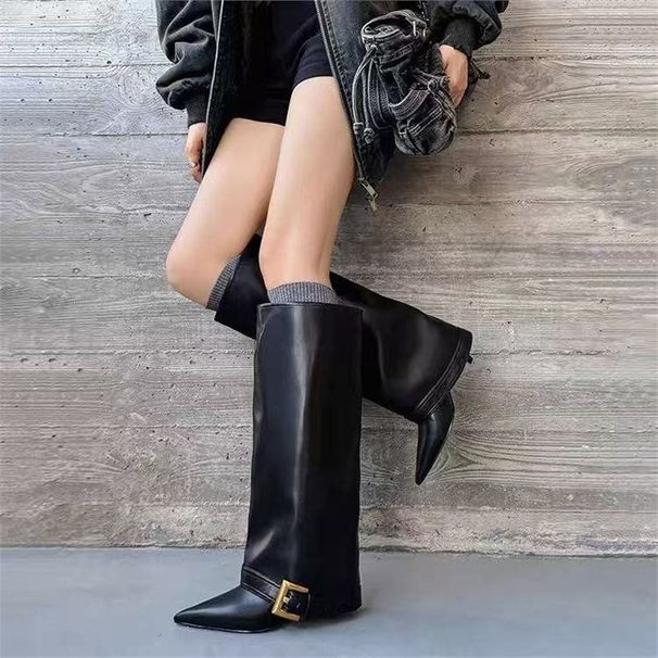 Women's Pointed Toe High Heel Pull On Boots With Metal Buckle Detail Slim Fit Stretchable Fashion Boots Versatile, Stiletto Heel, Pants Length Boots_vogvips.com
