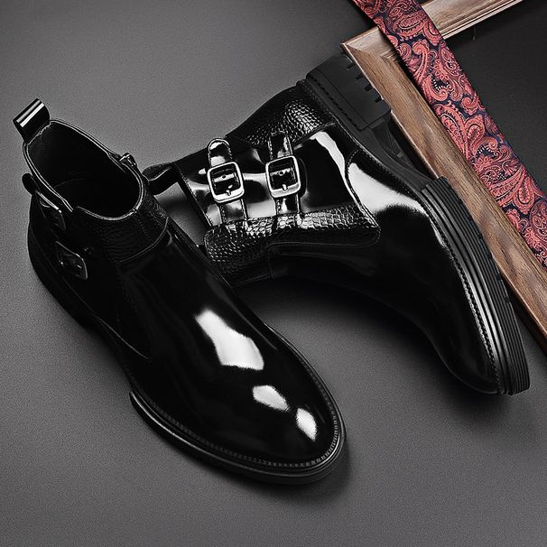 Martin Delivery Patent Leather Quick Zipper Embossed Black Men's Side Boots_vogvips.com