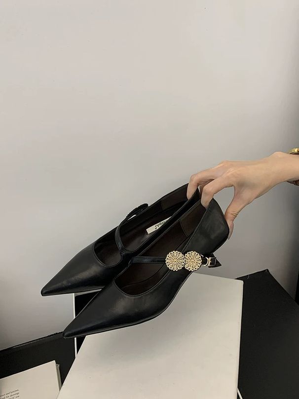 Xiaoxiangfeng Mary Jane Shallow Mouth Single Shoes Women's Autumn Pointed Head Evening Wind Flat Bottom With Small Leather Shoes_vogvips.com