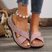 cross-border Women's 2025 New Model Wedge Flat Casual Slippers With Cross Straps, Solid Color, Large Size,_vogvips.com