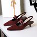 5126 Korean Style Pointed Toe One-Strap Backle Comfortable Low Single Shallow Mouth Wine Gla Heel Satin Women'_vogvips.com