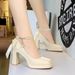 9982-H79TP Korean Version Square Toe Thick Heel Waterproof Platform High-heeled Shoes With Pearl Ribbon And Butterfly_vogvips.com