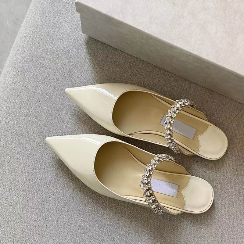 Rhinestone Patent Leather Version Pointed Toe Single Shoes Inlaid High Heel Half Mules Flat Sandals For Women_vogvips.com