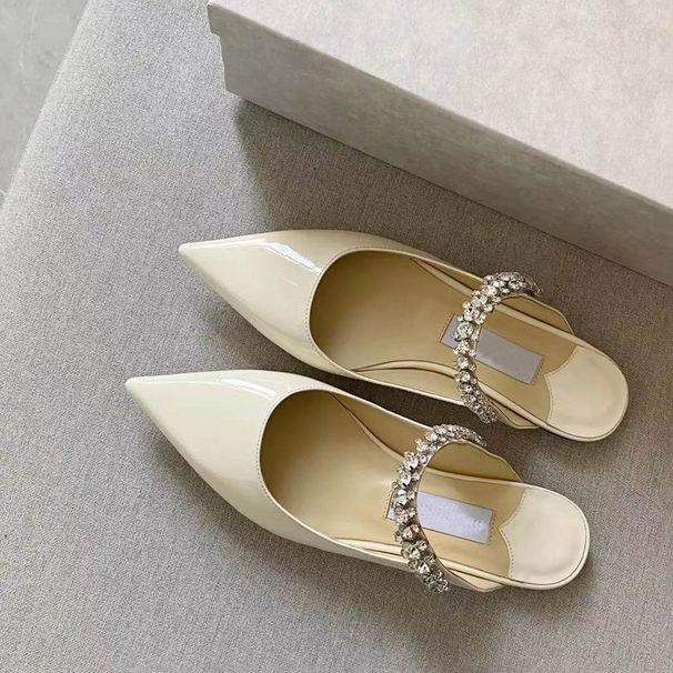 Rhinestone Patent Leather Version Pointed Toe Single Shoes Inlaid High Heel Half Mules Flat Sandals For Women_vogvips.com