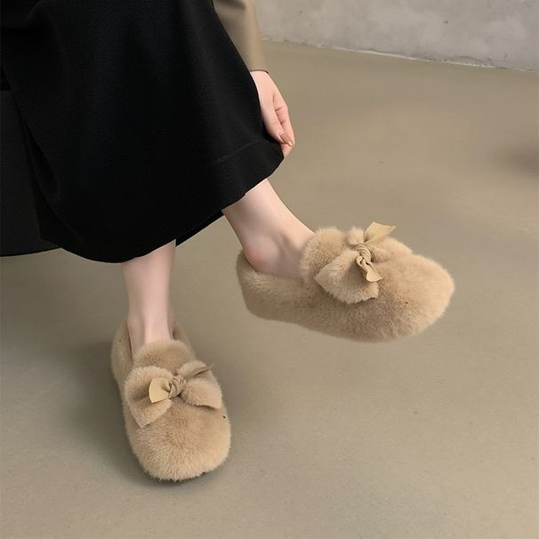 Fuzzy For Women Winter Outdoor Soft Sole Slip-On Loafers With Fleece High-End Stylish Cute Bow Cotton Shoes_vogvips.com