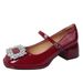 French High Heels, Red Small Leather Mary Jane Women's Thick Heel Rhinestone Wedding Bride's Shoes, Early Spring Shoes_vogvips.com
