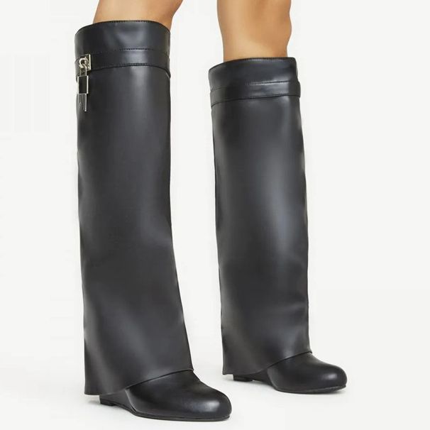 Vintage Thigh-high Boots With Large Barrel Circumference And Pointed Heels With Metal Lock Wedges_vogvips.com