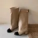 Women Two Tone Square Toe Knee High Side Button Decor Block Heel Tall Leather Fashion Slip On Casual Dress Riding Boots_vogvips.com