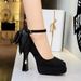 8322-H100M European And American Suede Ultra-high Heel Platform Shallow Mouth One-strap Buckle With Pearl Bow Women's_vogvips.com