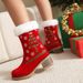 Women's Snow Boots, Red Christmas Shoes, Round Toe, Thick Sole, Thick Heel, High Heel, Thick Fur Lining, Short Boot, Warm Cotton Shoes, Short Boots_vogvips.com