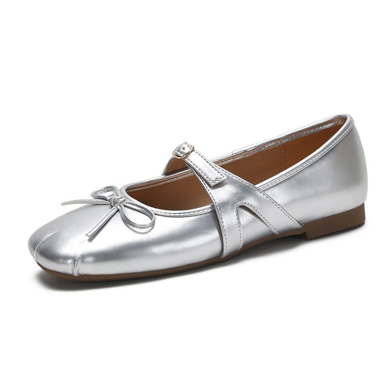 silver Vintage Style French Ballet Shoes With Bowknot, Square Toe, Shallow Mouth, Soft Mary Jane Flats For Women_vogvips.com
