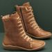 Women's Chunky Round-Toe Zip-Up Ankle Boots, Casual Mid-Calf Winter Boots With Side Zipper, Comfortable PU Leather Lace-Up Booties_vogvips.com