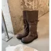 Vintage Buckle Strap Knee High Women Distressed Faux Leather Low Block Heel Slip On Casual Western Tall Boots_vogvips.com