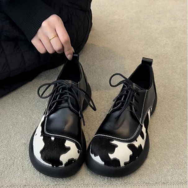 Sheepskin Version,large Head,small Foot,women's Retro Cowhide Patchwork Thick-soled Loafers, Lace-up,thick-soled,deep-cut,single-sole Shoes For Women_vogvips.com