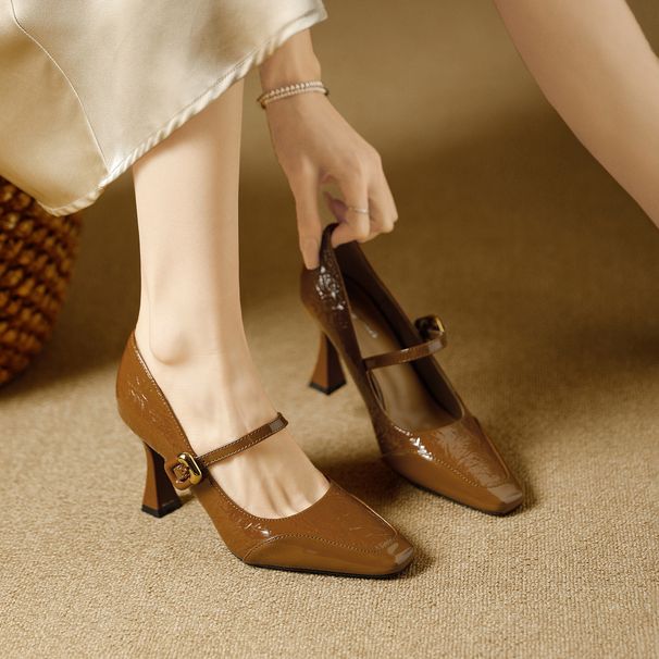 French-style Vintage Mary Jane Women's Shoes, Soft Leather, 2026 Spring New Model, Square Toe High Heels, Stiletto Heel, Single St_vogvips.com