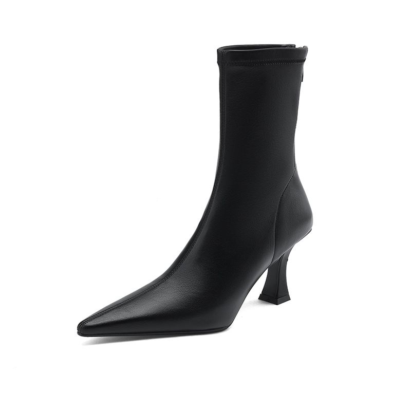 【】Korean Style Pointed Toe Stiletto High Heel Stretch Elegant Versatile Black Slim Autumn Winter Women's Boots_vogvips.com