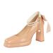 Sweet bow pearl chain chunky heels square toe line with patent leather waterproof platform shoes_vogvips.com