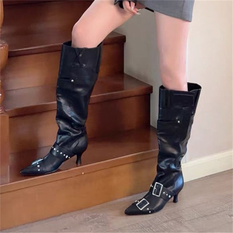Sharp Pointed High-heeled Pile Up Long Tube Boots For Women 2025 New Model Maillard Spicy Girl Big Tube Circumference Polished Knight Boots_vogvips.com