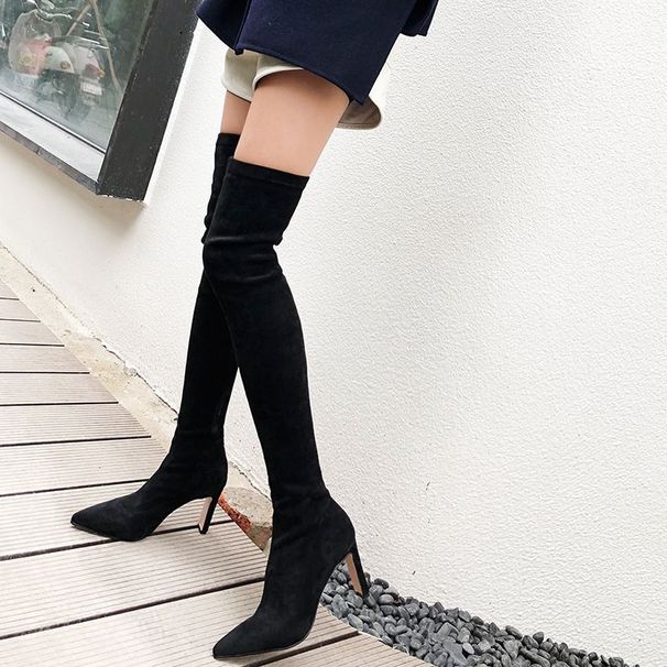 Stretch Over The Knee Boots Pointed Toe High Heel Pull On Slim Fit Tall Boots With Buckle Detail Long Boots For Petite Slimming And Flattering._vogvips.com