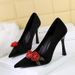3767-H85 Stunning Rose Decorated French High Heels Women's Shoes, Stiletto Heel, Pointed Toe, Shallow Slip-On Single_vogvips.com