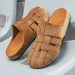Dark Brown Suede Cut Out Closed Toe Slip On Mules Soft Cork Insole Casual Flat Clogs Slippers_vogvips.com