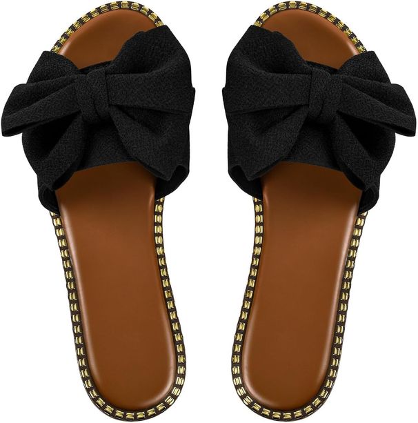 Women's Bow Knot Slides Open Toe Flat Sandals Summer Slip On Slippers Casual Leather PU Rubber Sole Comfortable Beach Wear_vogvips.com