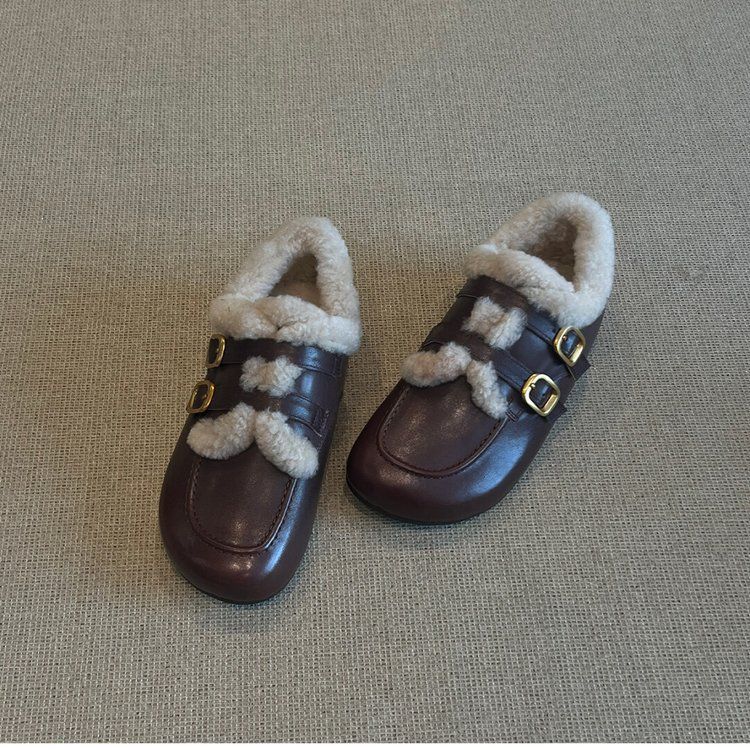 Retro Suede Inner Height Increasing Hairy Shoes For Women, Round Toe Double Buckle With Warm And Plush Cotton Shoes_vogvips.com