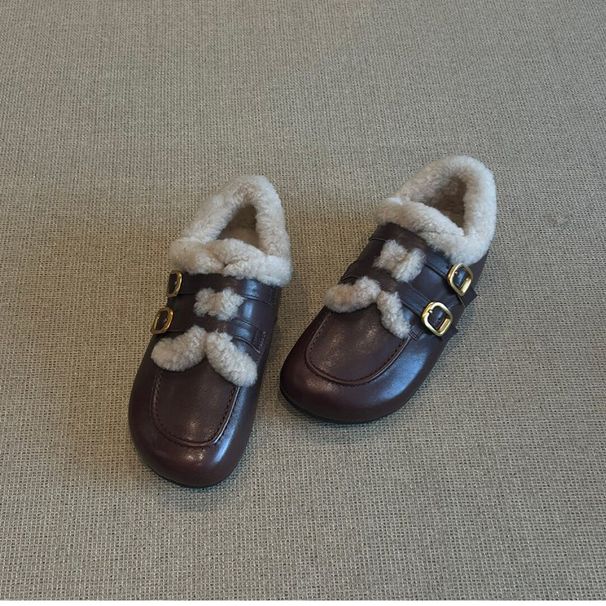 Retro Suede Inner Height Increasing Hairy Shoes For Women, Round Toe Double Buckle With Warm And Plush Cotton Shoes_vogvips.com
