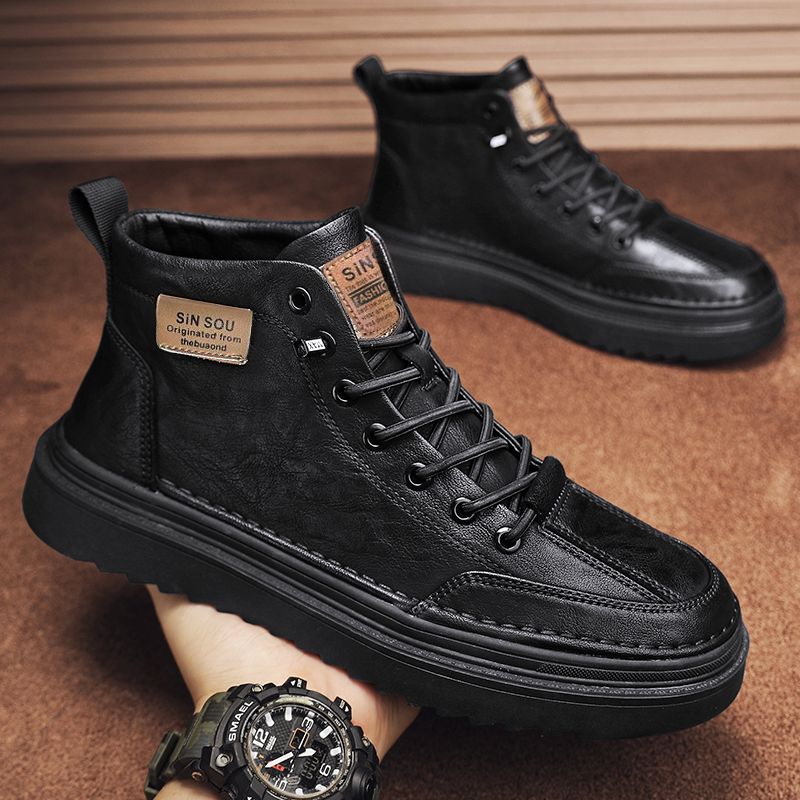 European Warm Series Martin Winter Plush High-top Cotton Work British Style Leather Boots Black Men's Shoes Thick Sole Height Increasing_vogvips.com