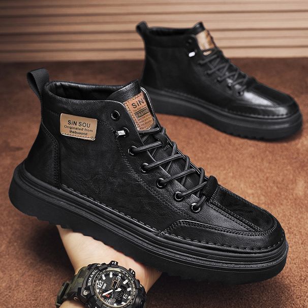European Warm Series Martin Winter Plush High-top Cotton Work British Style Leather Boots Black Men's Shoes Thick Sole Height Increasing_vogvips.com