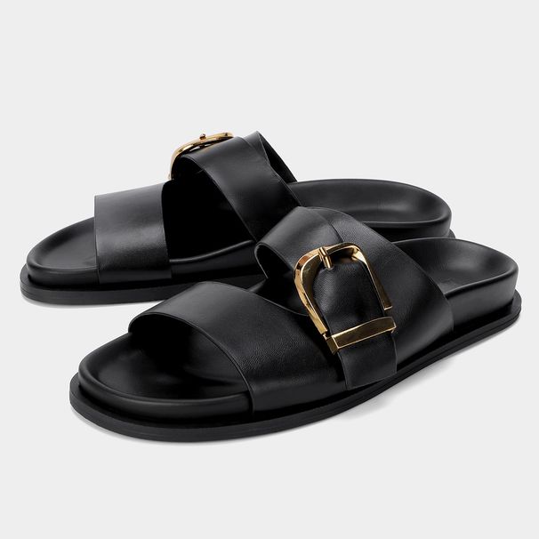 Women's Summer Casual Flat Sandals Black Buckle Slippers Metal Buckle Shoes Comfortable Footwear_vogvips.com