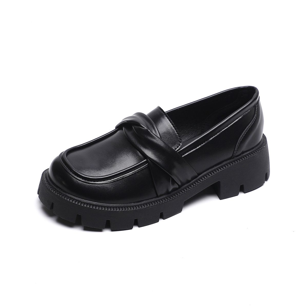 Platform Loafers Women's One-pedal Black Retro Small Leather Shoes College Style Soft-soled Single Shoes_vogvips.com