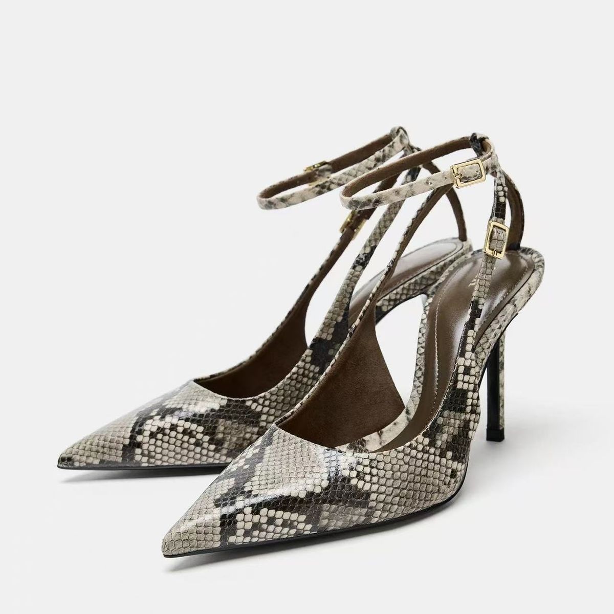 ZA2025 Autumn New Women's Shoes Snake Print Open Back Pointed Toe Stiletto Heels Fashionable Versatile One-Strap Sandals_vogvips.com