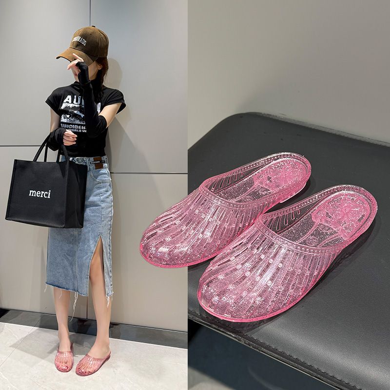 Fashionable And Versatile Solid Color Simple Transparent Crystal Summer Sandals For Girls, Hollow Flat-soled Outdoor_vogvips.com