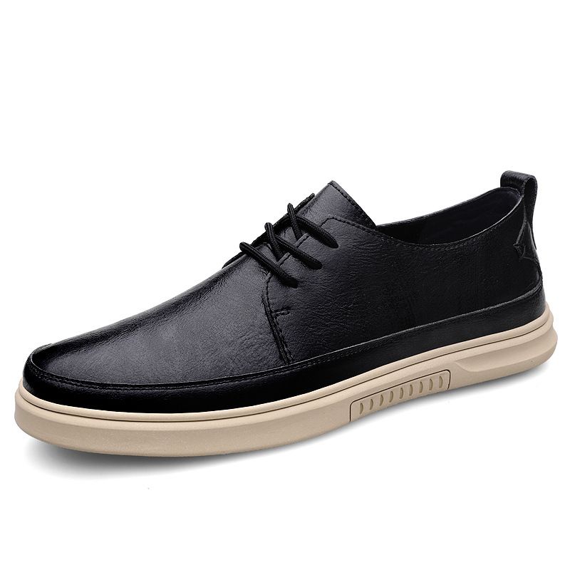 Round Head Light Mouth Low-top Casual Men's Shoes Cowhide Business Dress Casual Leather Shoes British Solid Color Board Shoes_vogvips.com