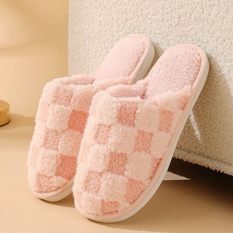 Autumn Winter Plush Simple Plaid Indoor Floor Couple Warm Cotton Slippers Dormitory_vogvips.com