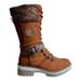 Women's Fleece Lined Belt Buckle Mid Calf Boots Round Toe Slimming Knitted Riding Boots Winter New Style Plus Size_vogvips.com