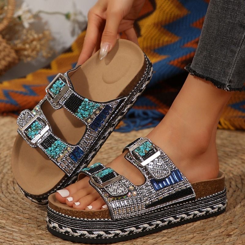Metal Buckle Soft Sole Flip-flops Women's Outer Summer New Fashion And Versatile Rhinestone Wedge Non-slip Cool Slippers_vogvips.com