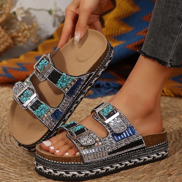 Metal Buckle Soft Sole Flip-flops Women's Outer Summer New Fashion And Versatile Rhinestone Wedge Non-slip Cool Slippers_vogvips.com