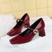6292-K111 Banquet Mary Jane Women's Square Toe Shallow Mouth Patent Leather One Strap Rhinestone Buckle Chunky Mid Heel_vogvips.com