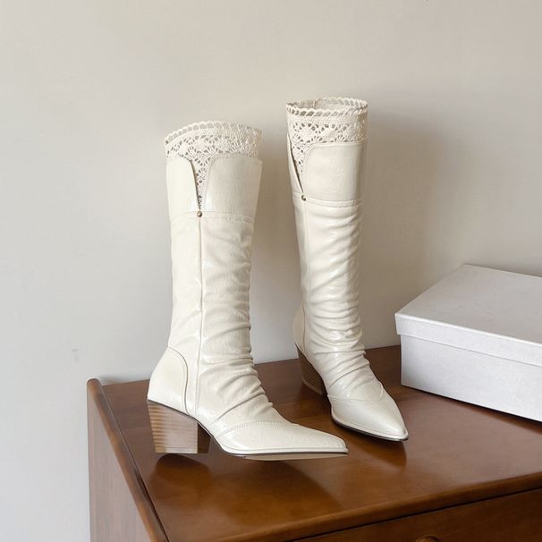 Genuine Leather Patchwork Lace French High Heel Long Fashion For Women 2025 New Pointed Sweet Slouch Boots Trendy_vogvips.com