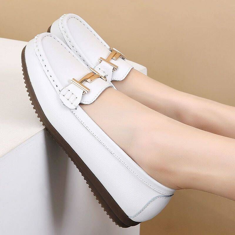 Spring And Autumn Genuine Leather Flat Casual Slip-on Loafers, Soft-soled Versatile Mom Shoes, Lightweight Women's_vogvips.com